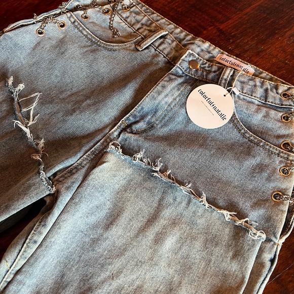 NWT Colorful Natalie Kyla Wide Leg Chain side lace-up jeans Size Large - Picture 5 of 5